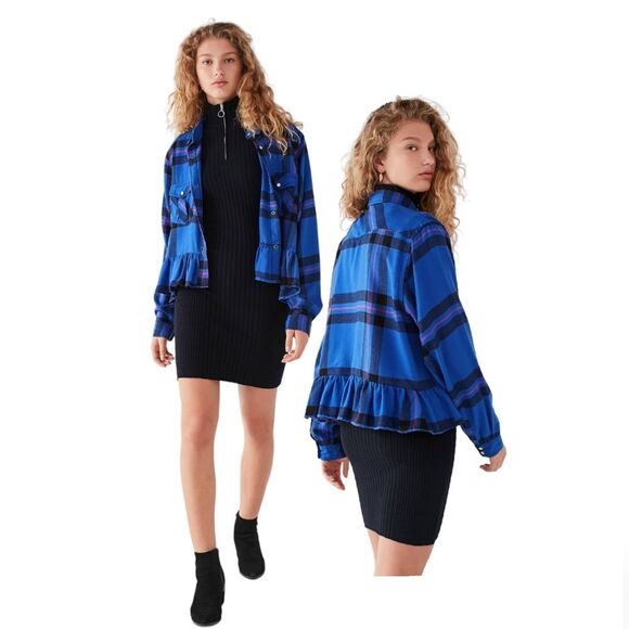 BDG Button-Down Peplum Flannel Top - Picture 1 of 16